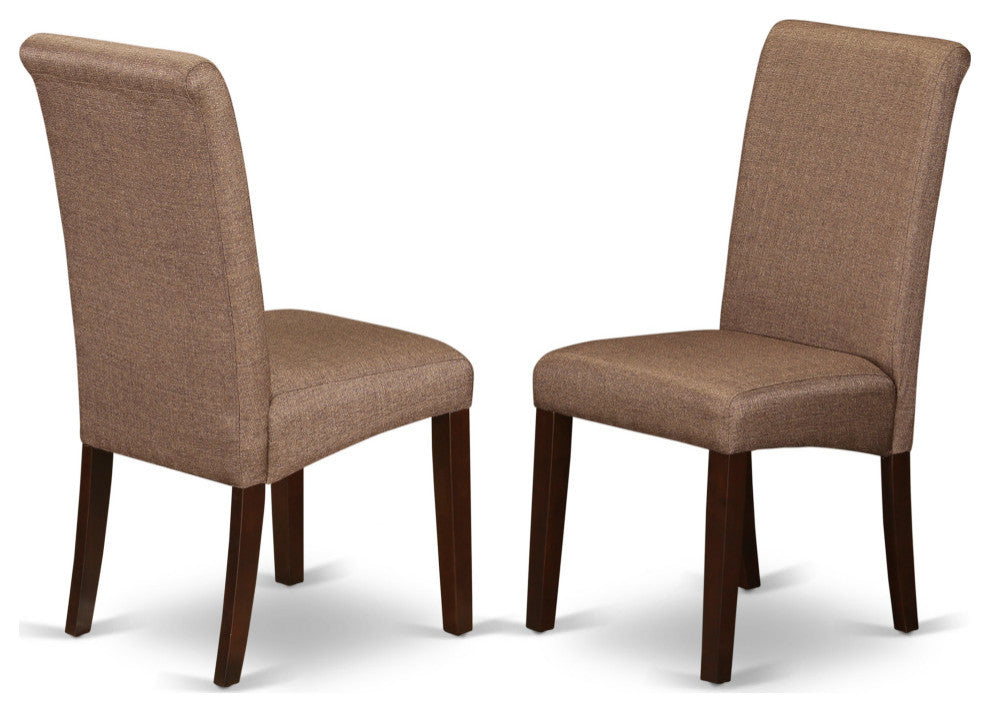 3Pc Small Round Table, Linen Brown Fabric Dining Chairs, Mahogany Chair Legs