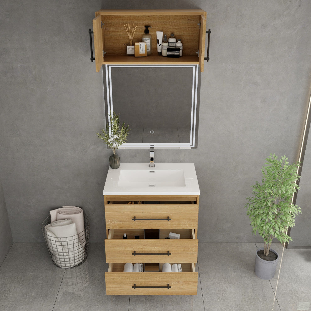 Victoria 30" Solid Wood Bath Vanity, Overhead Cabinet, Oak