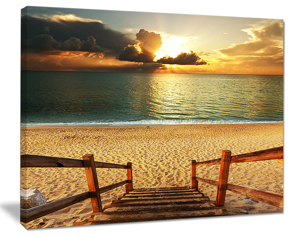 "Boardwalk Stair Into Sandy Beach" Large Sea Bridge Canvas Print, 40"x30"