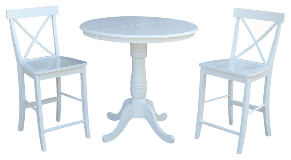 36" Round Extension Dining Table 36"H With 2 X-Back Counter Height Stools