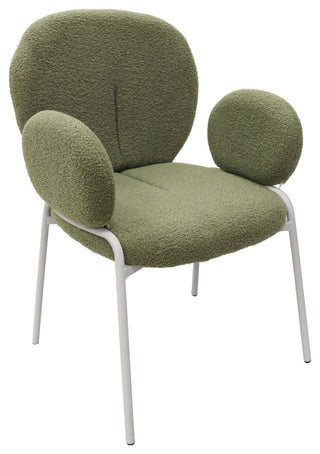 Celestial Boucle Dining Chairs With Arms, White Iron Legs, Green