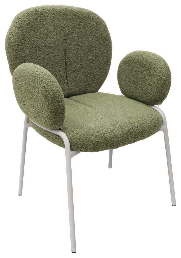 Celestial Boucle Dining Chairs With Arms, White Iron Legs, Green