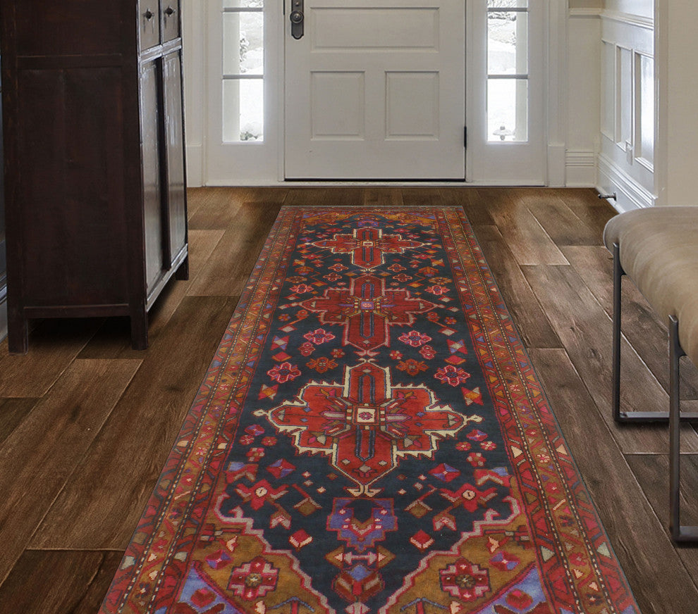 Fine Vintage Distressed Dream Navy/Brown Runner, 3'10x11'8