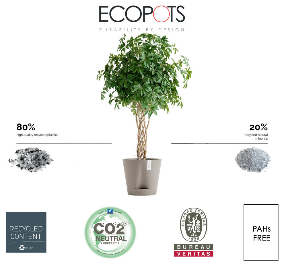 Ecopots Venice Modern Recycled Plastic Planter w/ Water Reservoir, Taupe, 16"