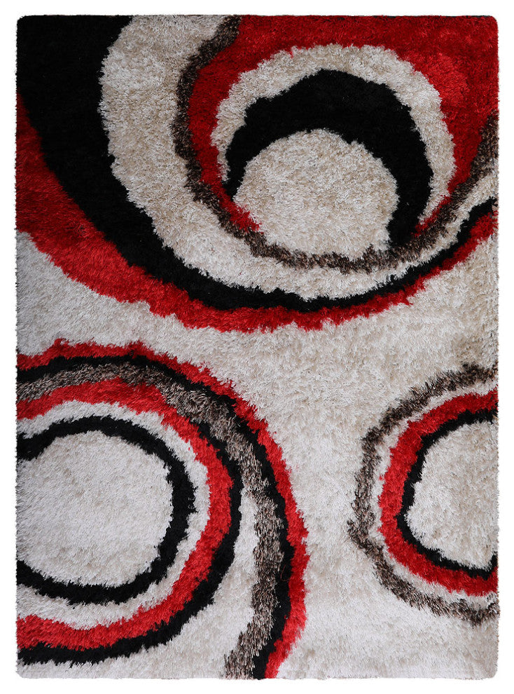 Hand Tufted Shag Polyester Area Rug Geometric Ivory Red K00019, [Rectangle] 6'x9'