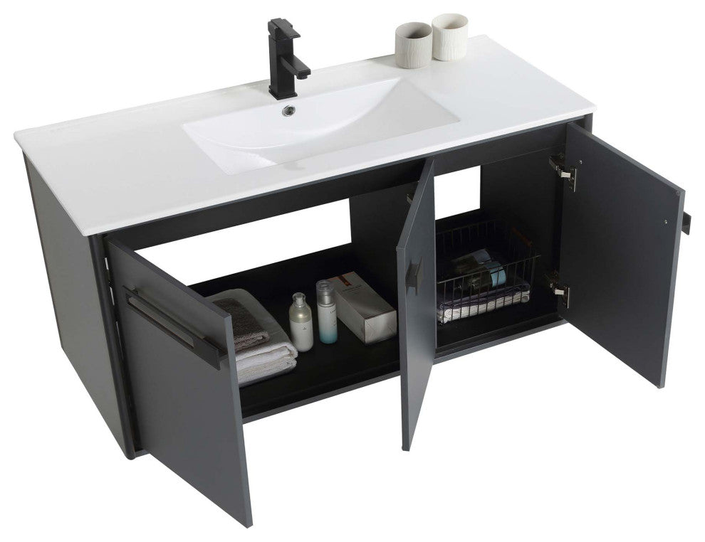 Oakville Wall Mount Bathroom Vanity, Onix Grey, 42", Black Hardware