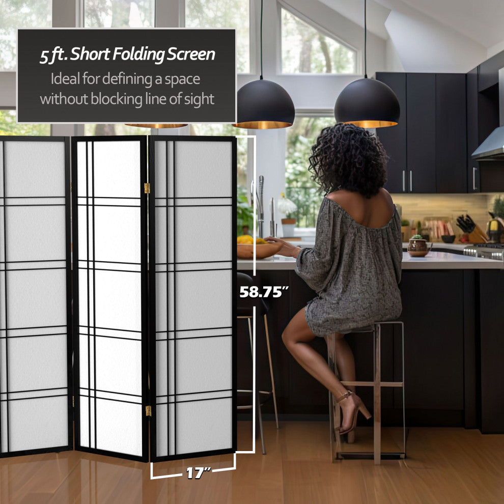 5' Tall Double Cross Shoji Screen, Black, 4 Panels