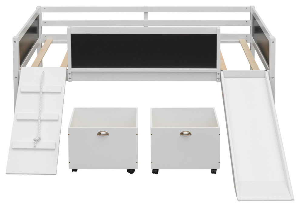 Gewnee Wood Twin Loft Bed with Two Storage Boxes and Slide in White