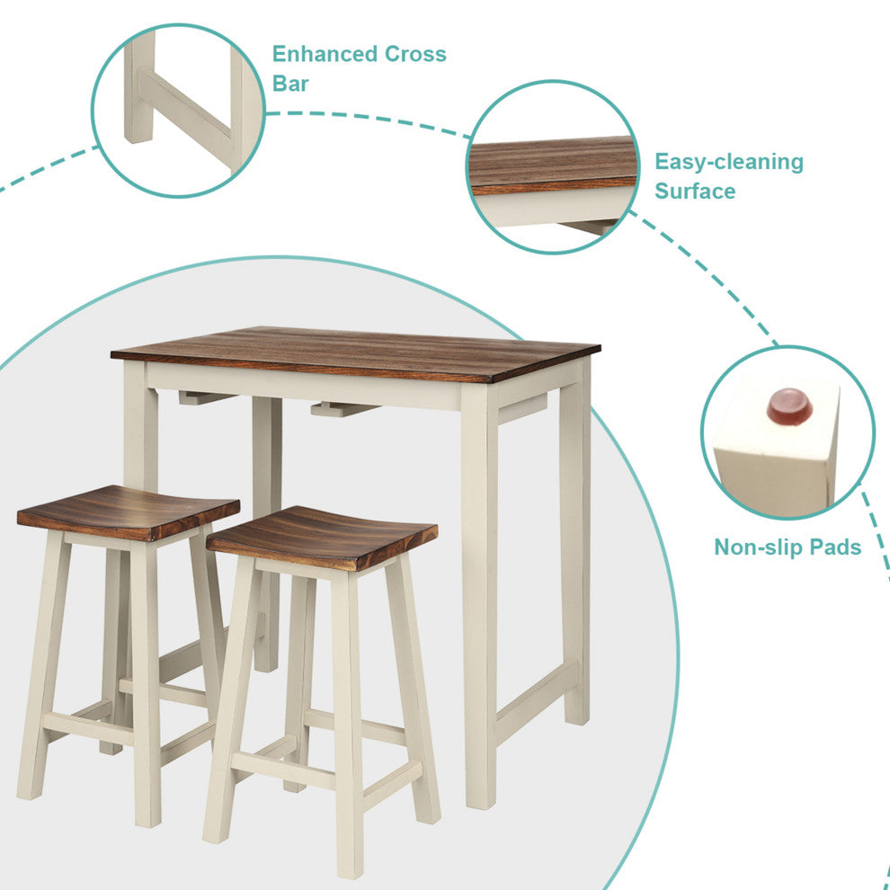 Costway 3-Piece Bar Table Set Counter Pub Table& 2 Saddle Bar Stools w/ Hanging