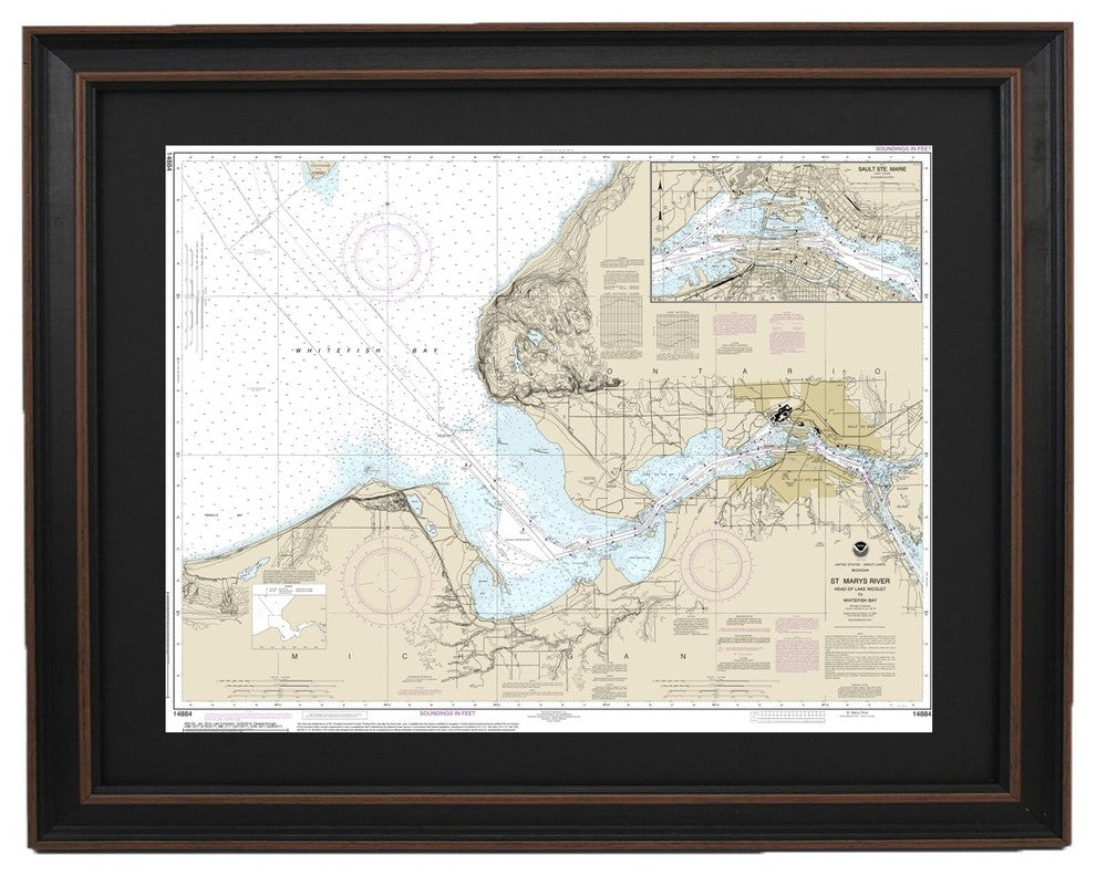 Framed Nautical Chart, Michigan's St. Marys River, 24x18