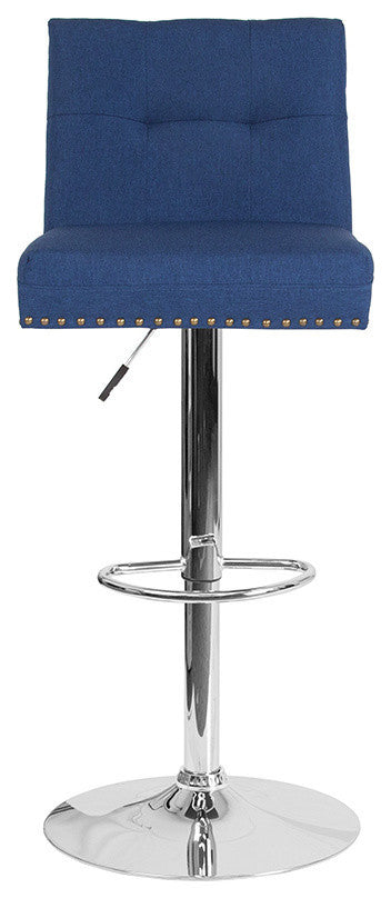 Contemporary Adjustable Height Barstool With Accent Nail Trim, Blue Fabric