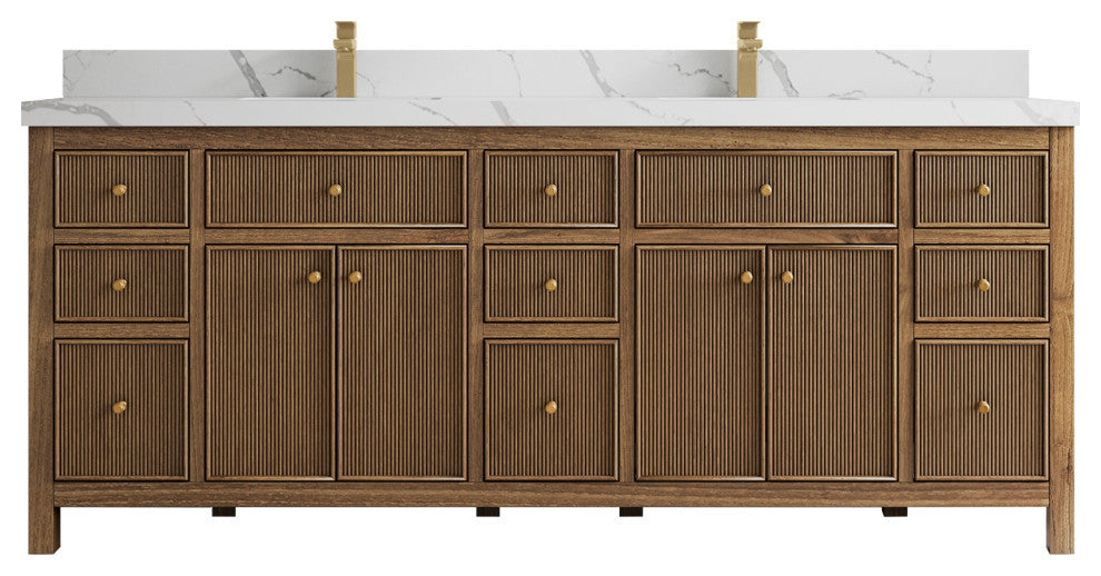 Sonoma Teak 84 Double Sink Bath Vanity in Dark Natural with 2" Calacatta Laza