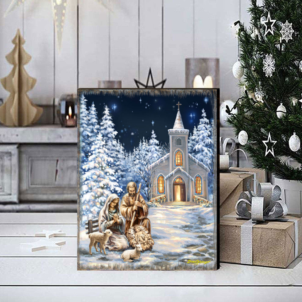 Nativity at the Chapel Night Sky Wooden Wall Art, Small 12x9
