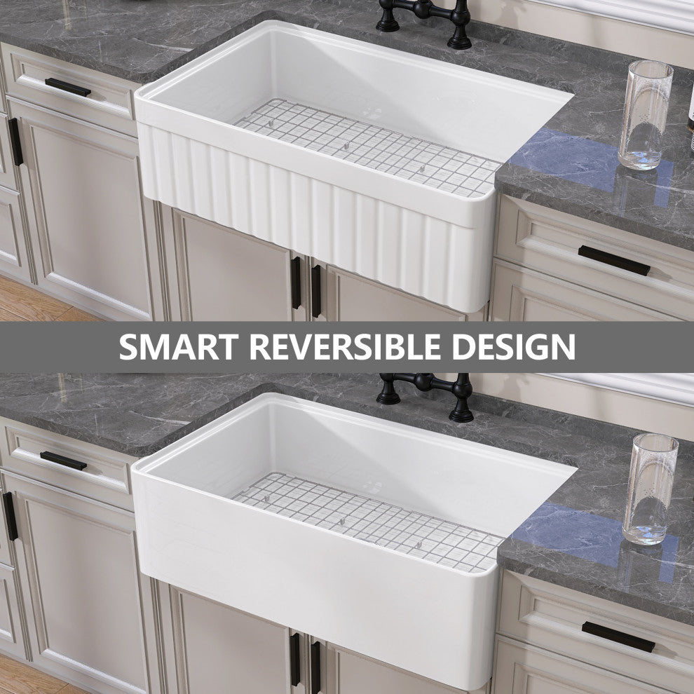 33"Lx20"W Farmhouse/Apron Farm Fireclay Kitchen Sink With Sink Grid And Strainer
