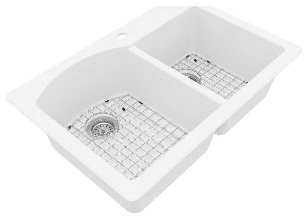 Karran Drop-In Quartz 33" 1-Hole 60/40 Double Bowl Sink Kit, White