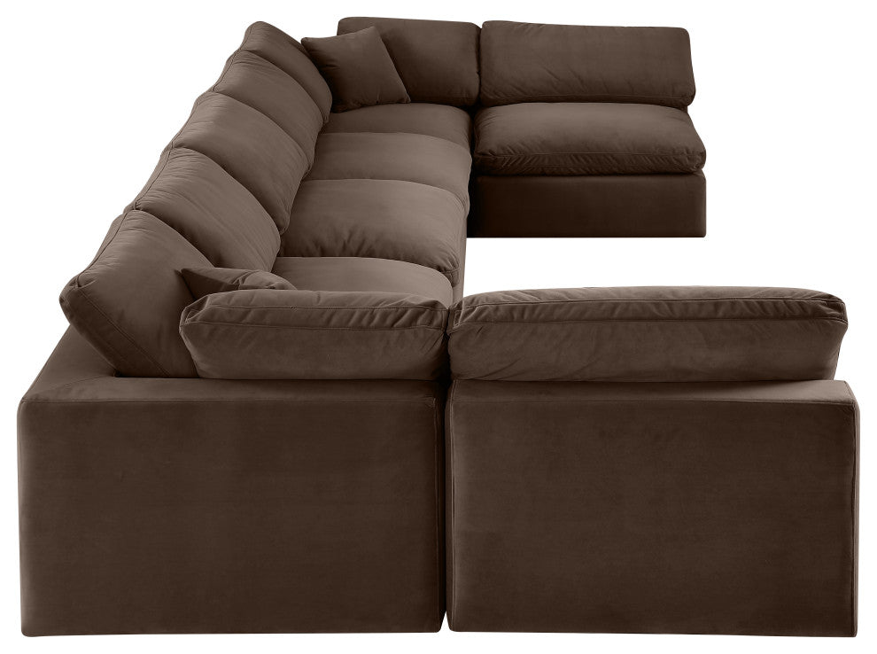 Comfy Upholstered U-Shaped Modular Sectional, Brown, 7-Piece: 5 Armless Chair, 2 Corner Chair, Velvet