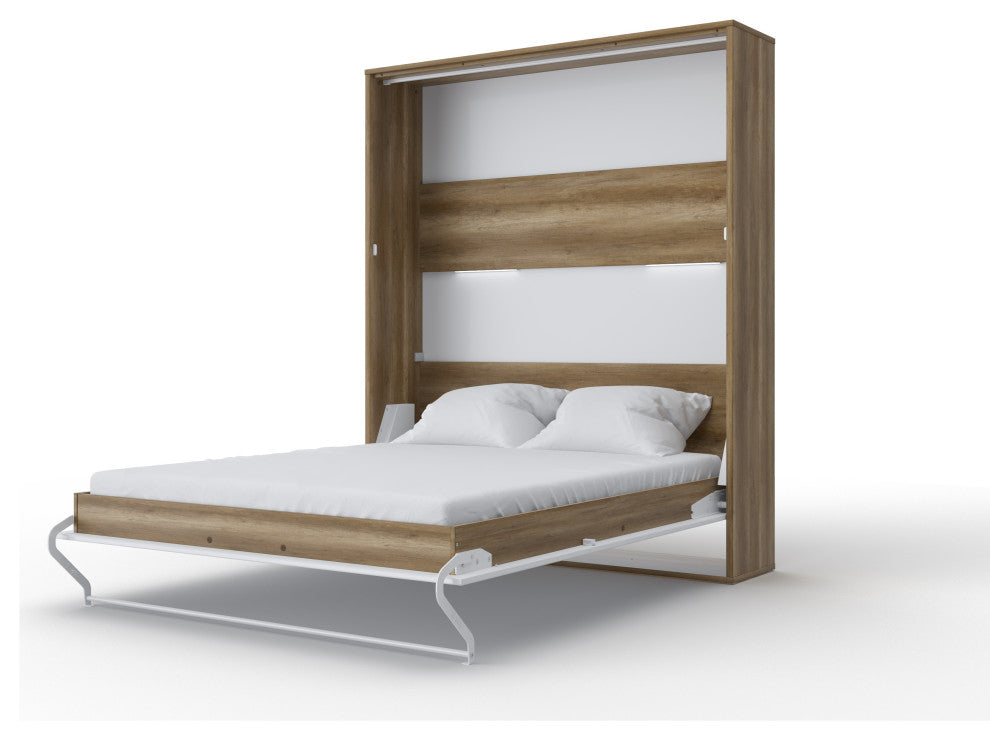 INVENTO Vertical Murphy Bed with LED and Mattress 63x78.7", Oak Country/White