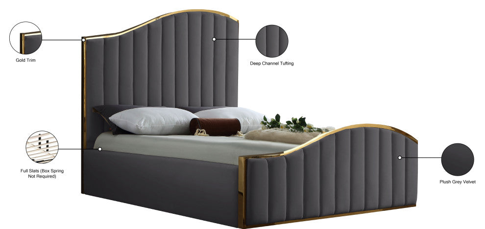 Jolie Black Velvet King Bed, Gray, Queen
