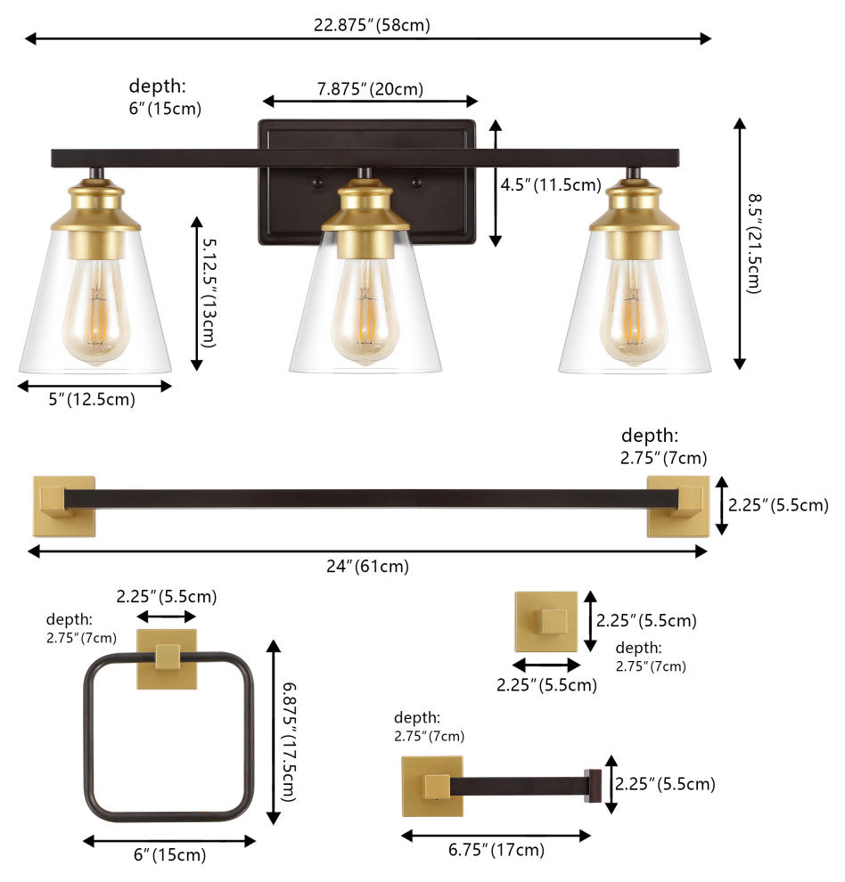 3-Light Vintage Classic Vanity Light, Bathroom Hardware Accessory Set, 5-Piece