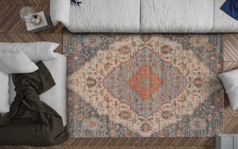 HomeRoots 7'x12' Blue Red Hand Woven Traditional Medallion Indoor Area Rug