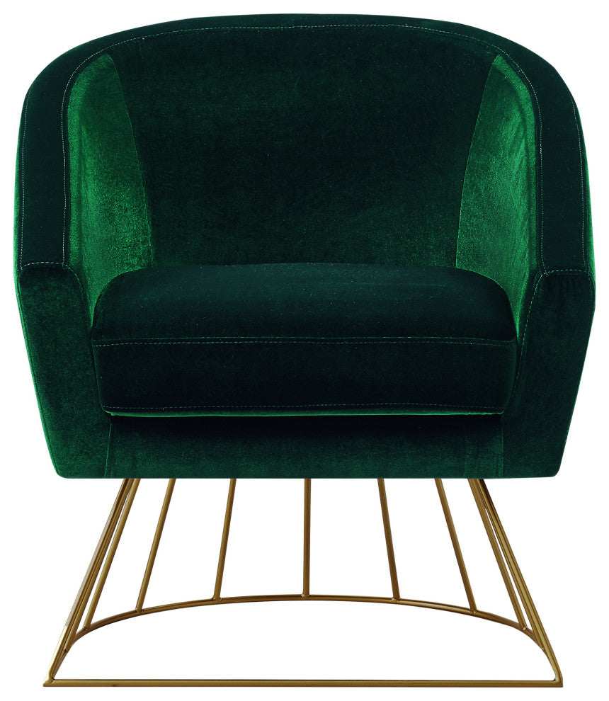 Alice Velvet Barrel Accent Chair With Metal Base, Green and Gold