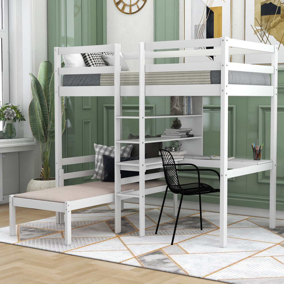 Gewnee Wood Convertible Twin Loft Bed with L-Shape Desk in White