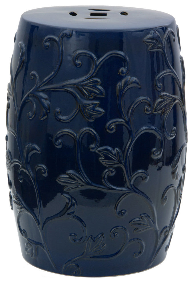 18" Dark Blue Carved Flowers Porcelain Garden Stool