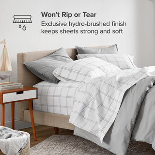 1800 Microfiber Sheet Set, Windowpane White/Mushroom, Split King