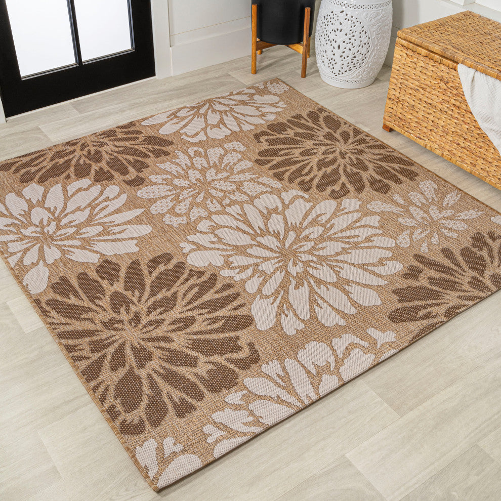 Zinnia Modern Floral Textured Weave Indoor/Outdoor, Brown/Cream, 5' Square