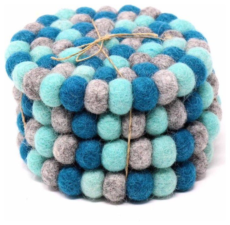 Felt Ball Coasters, Set of 4, Light Blues