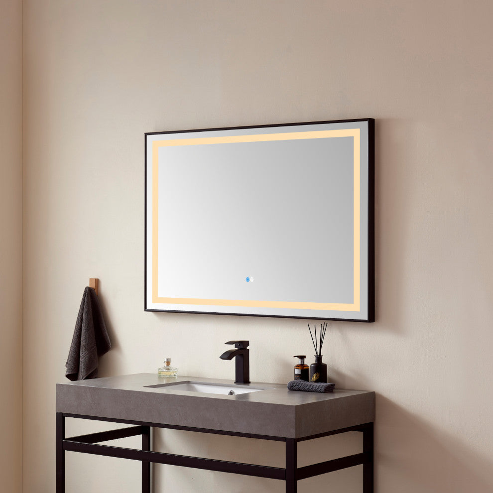Horizontal Rectangular LED Wall Mount Bathroom Mirror, Black, 48"