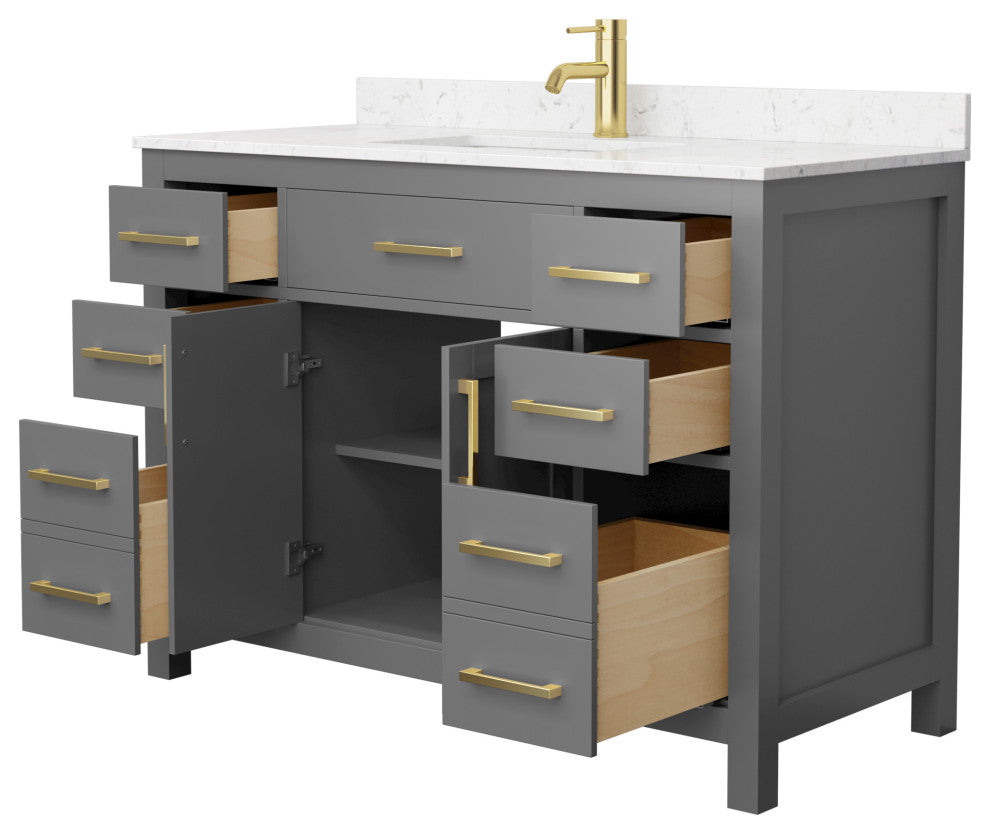 48"SGL Vanity Dark Gray, Carrara Cult. Marble Countertop, Sink, Gold Trim