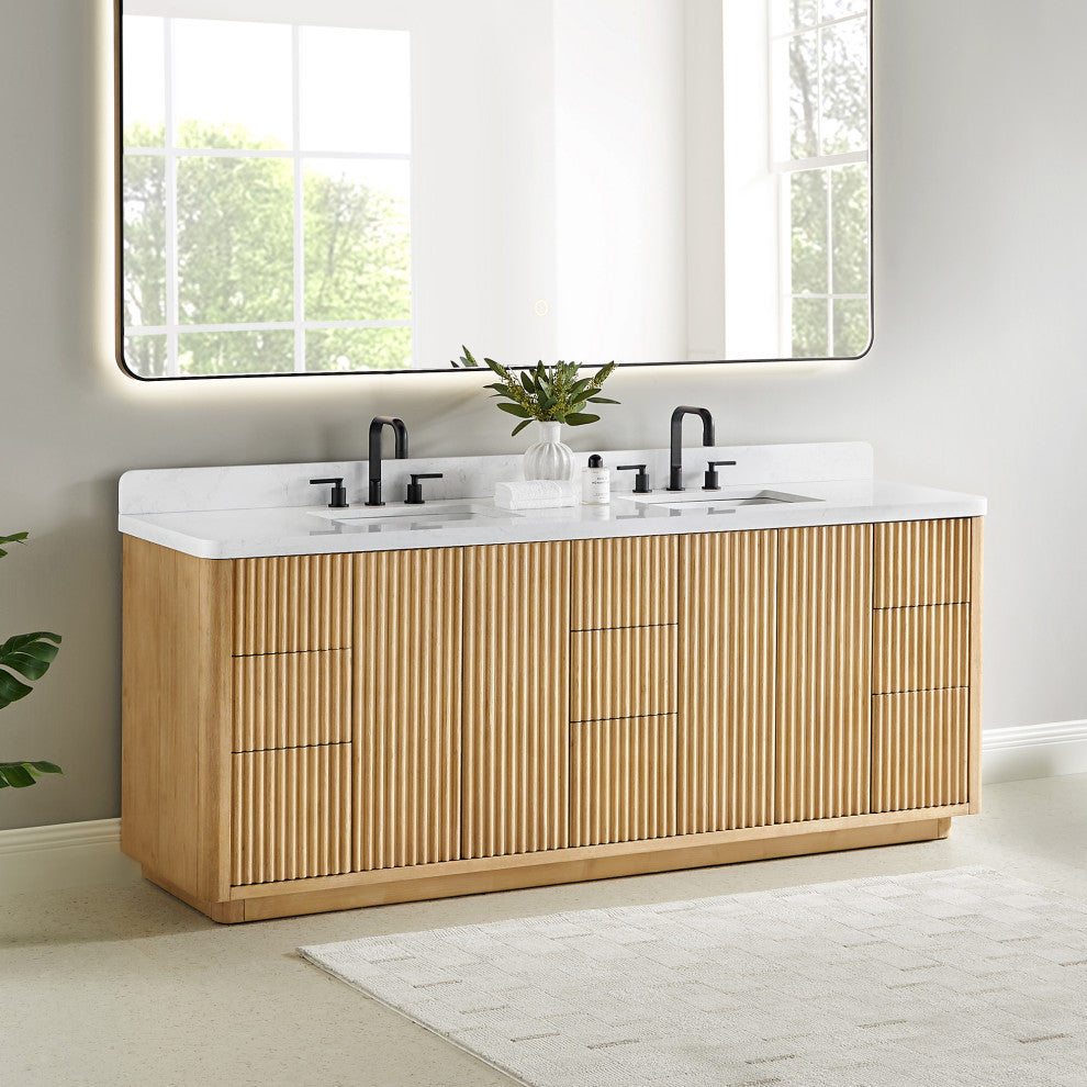 Clayton Bathroom Vanity, Washed Light Brown, 84", No Mirror