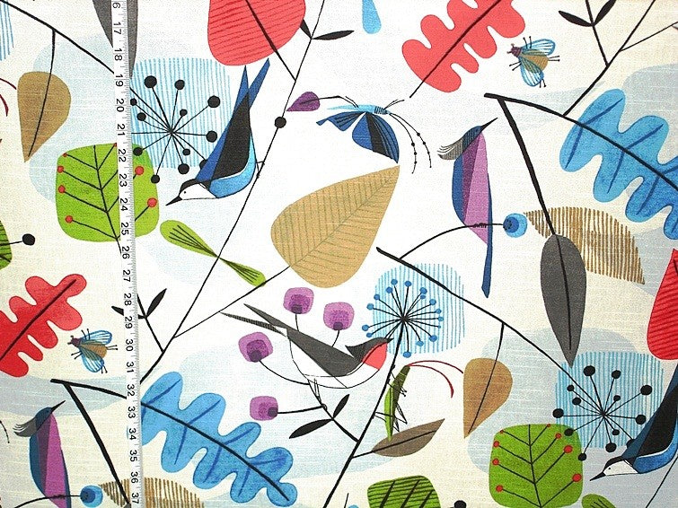 Scandinavian Fabric Retro Modern Graphic Bird Leaves, Sample Cut