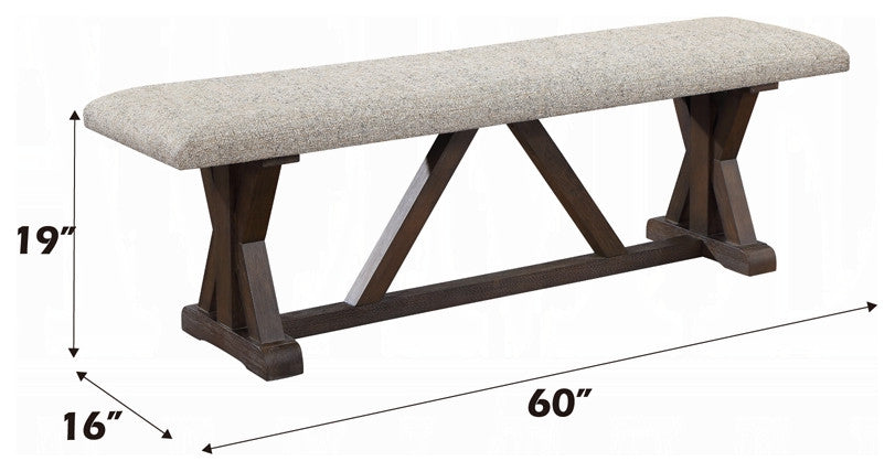ACME Pascaline Bench, Gray Fabric, Rustic Brown and Oak Finish