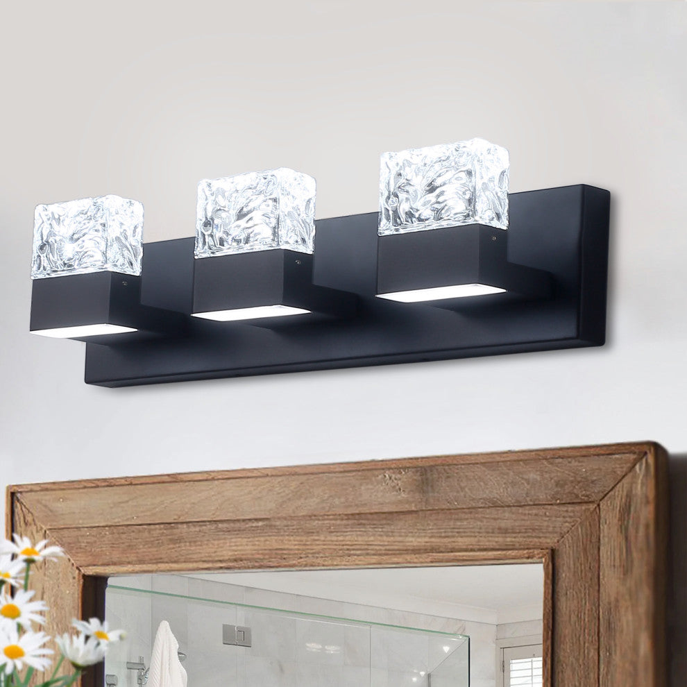 3-Light Vintage Shaped Glass Wall Light Bathroom Vanity Lighting Fixture, Black