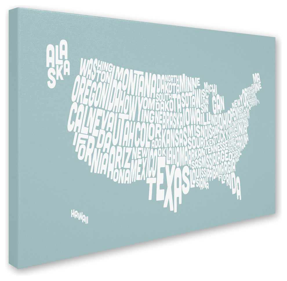 'USA States Text Map - Duck Egg' Canvas Art by Michael Tompsett