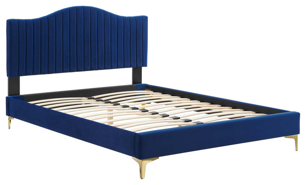 Juniper Channel Tufted Performance Velvet Twin Platform Bed, Navy