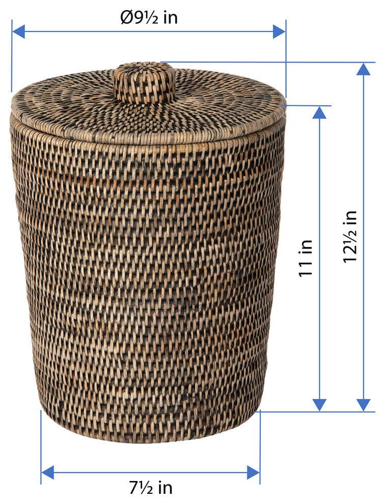 La Jolla Rattan Round Waste Basket With Plastic Insert and Lid, Black-Wash