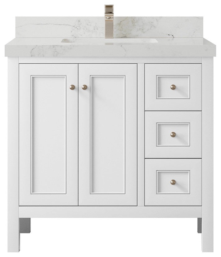 Nashville 36" Center Sink Bath Vanity, White 2" Calacatta Nuvo