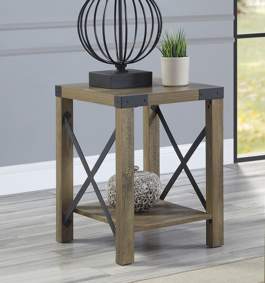 Wood and Metal End Table, Rustic Oak and Black