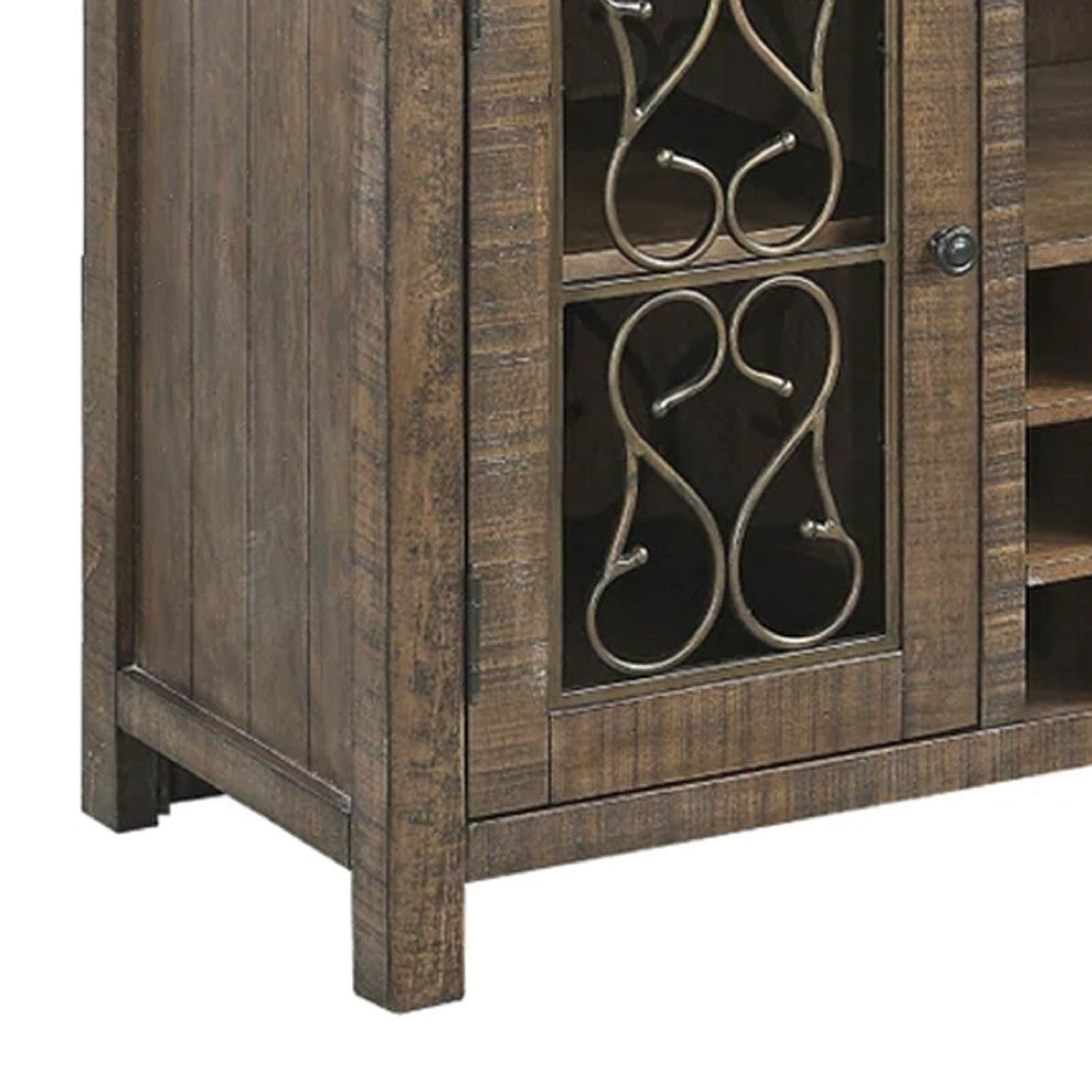 Benzara BM275677 Wood Sideboard Wine Bar Cabinet, Metal Scroll, Rustic Brown