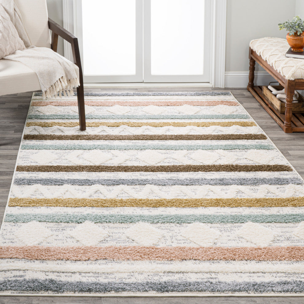 Faiza Moroccan Striped Geometric High-Low Runner Rug, 8 X 10