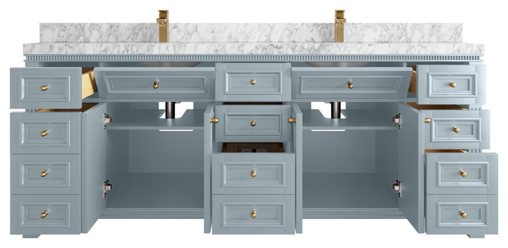 Paris 84" Double Sink Bathroom Vanity, Blue Heather 2" Carrara Marble