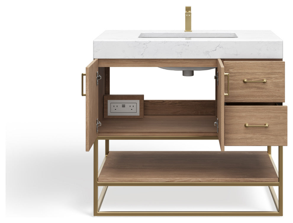 Bahia Bath Vanity, Oak, 36", Brushed Gold Hardware, Single, Freestanding