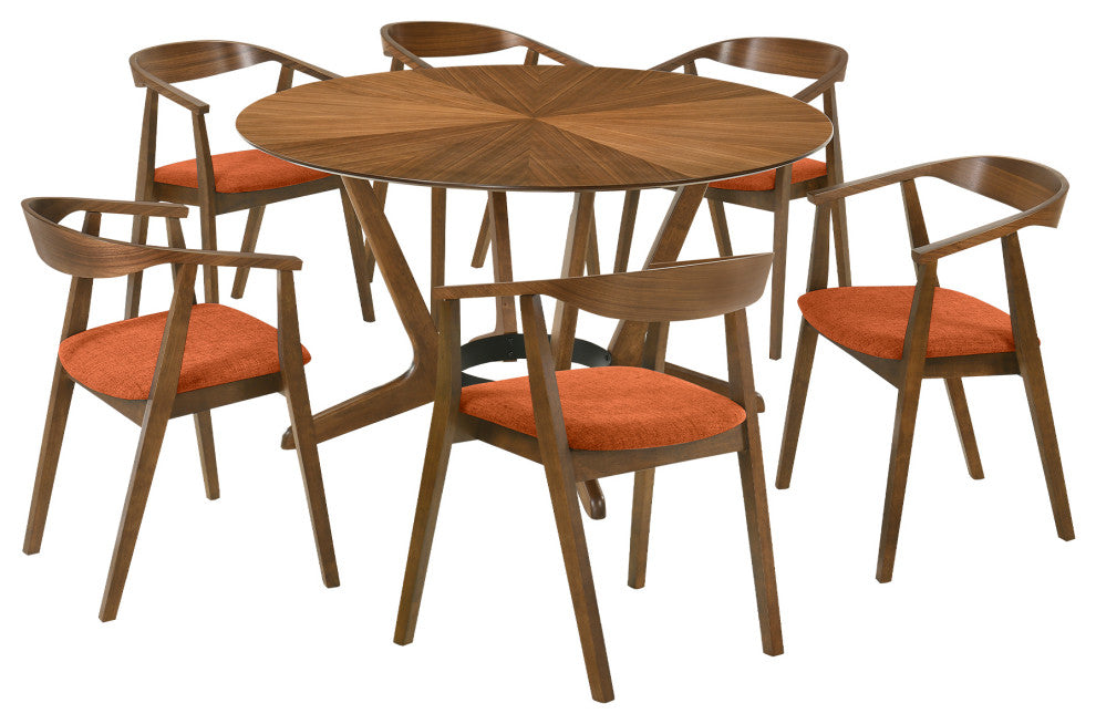 Santana 7-Piece Round Walnut Wood Dining Table Set With Orange Fabric