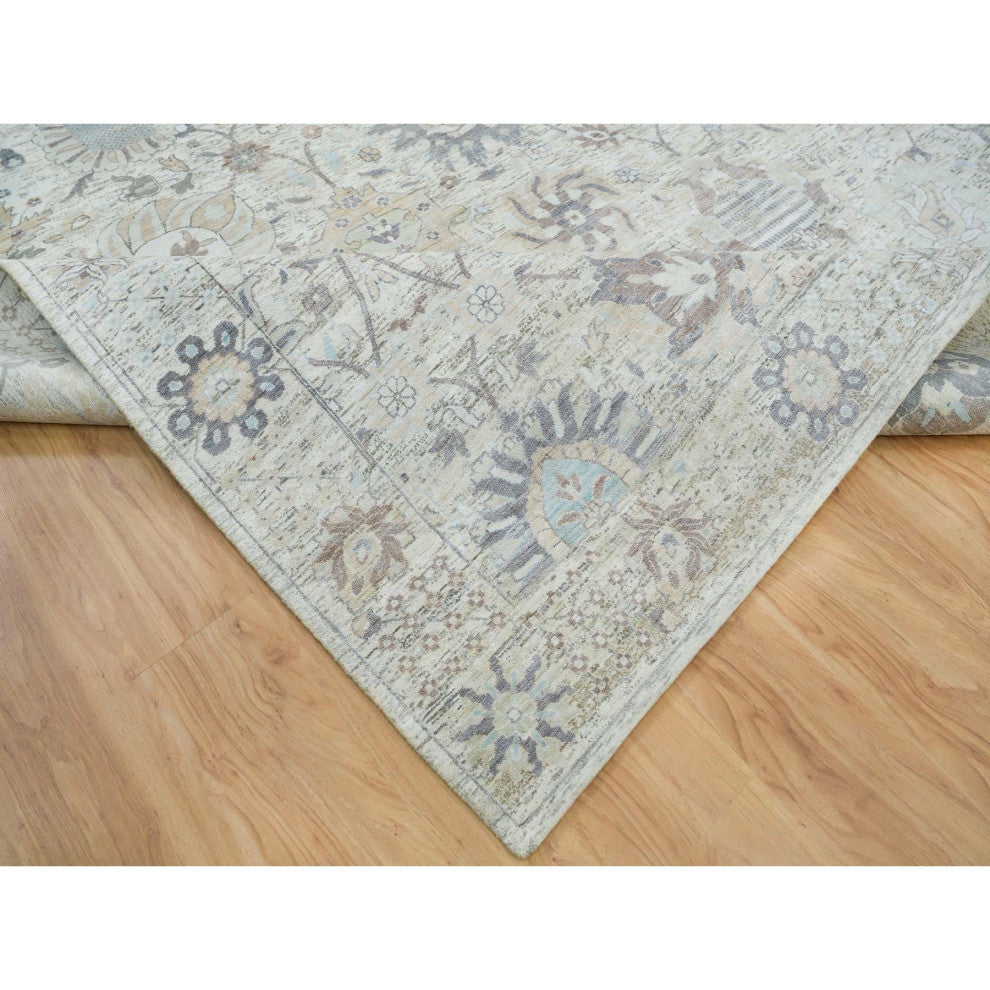 Ivory Silk With Wool Hand Knotted Tebraz Vase Design Oriental Rug, 12'x15'5"
