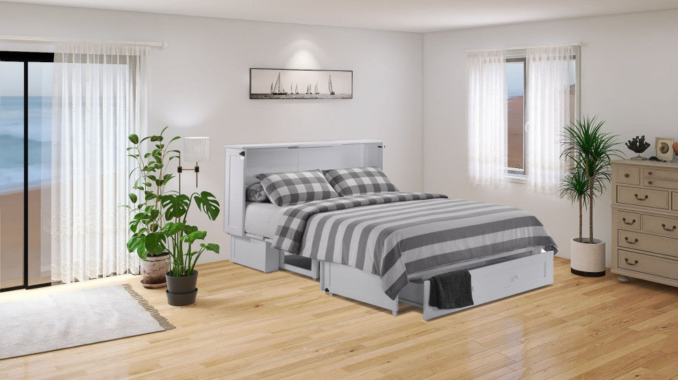 Clover Queen Size Murphy Bed Cabinet With Storage & Charging Ports, White