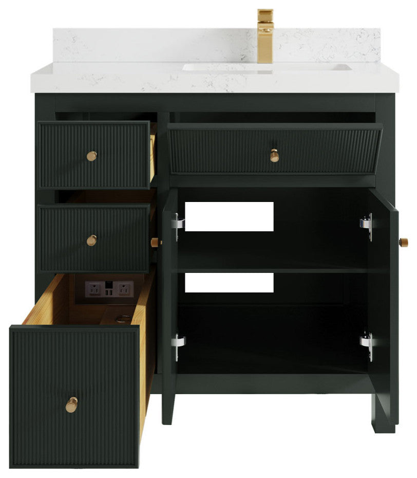 Sonoma 36 Right Offset Reeded Bath Vanity in Dark Forest Green 2" Empira White