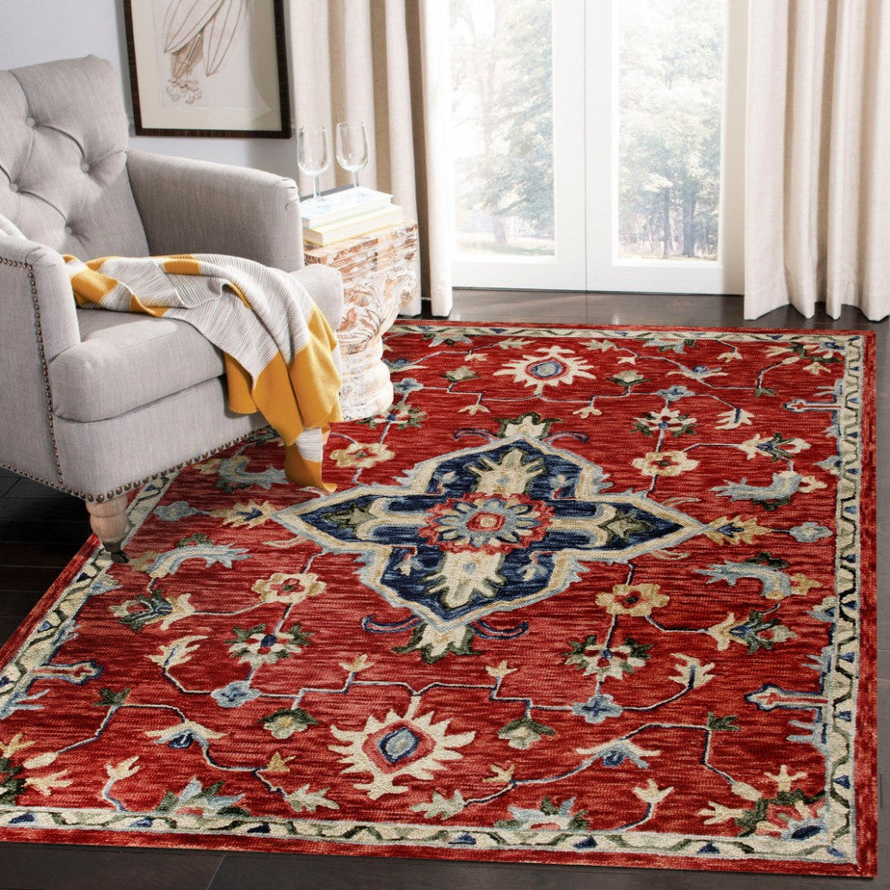 7" x 9" Red and Blue Floral Medallion Area Rug